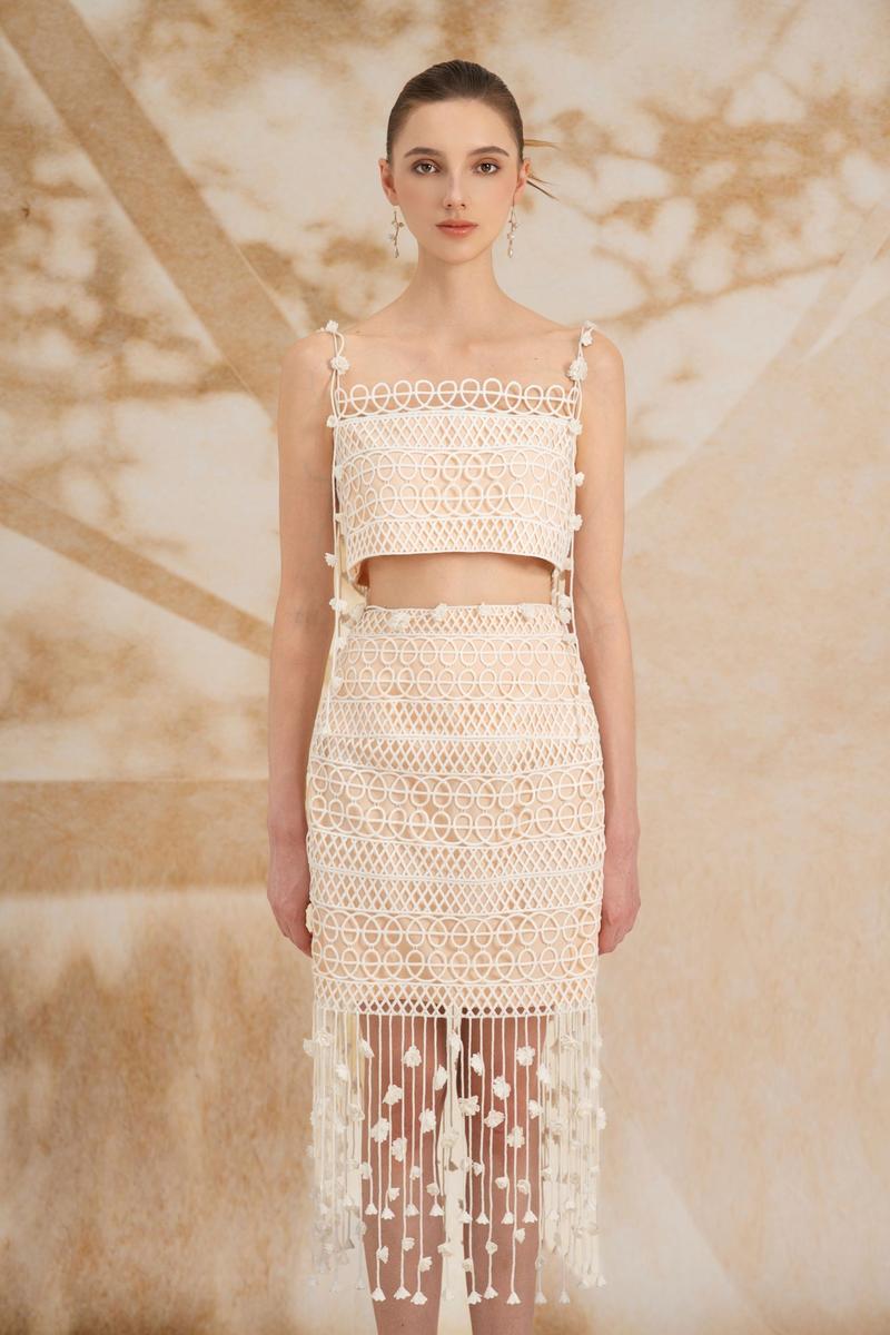 Rosee de Matin Meadow Sheath High Waist Lace Midi Co-ord set with fitted top and matching lace midi skirt, stylish and elegant.