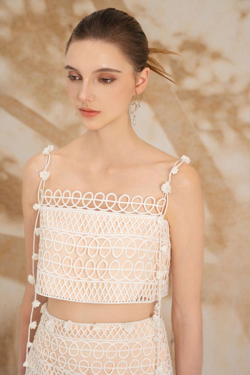 Rosee de Matin Meadow Sheath High Waist Lace Midi Co-ord set with fitted skirt and lace details, stylish and elegant for special occasions.