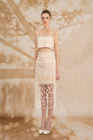 Rosee de Matin Meadow Sheath High Waist Lace Midi Co-ord set displayed on a model, featuring a fitted lace top and matching high waist skirt.