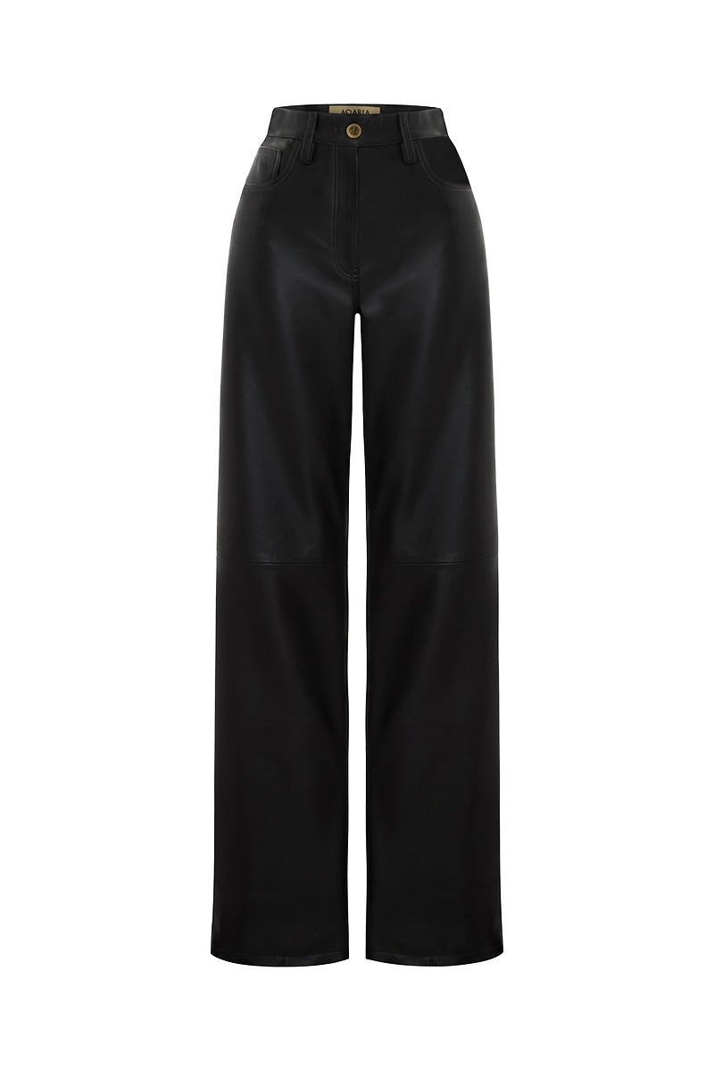Black leather pants by Acaria Studio featuring a sleek, fitted design with a high waist and modern style.
