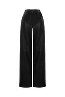 Black leather pants by Acaria Studio featuring a sleek, fitted design with a high waist and modern style.