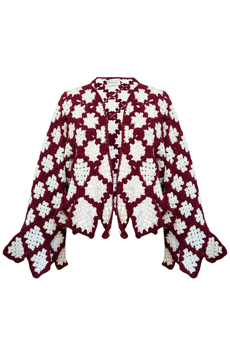 Jessica K burgundy and beige Rosa cardigan, soft knit fabric, featuring a relaxed fit and stylish design.