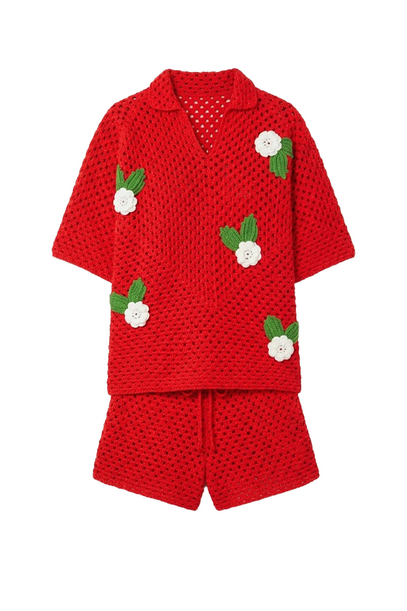 Jessica K ROSARA red co-ord set featuring a knitted top and matching bottoms, styled for a trendy, coordinated look.