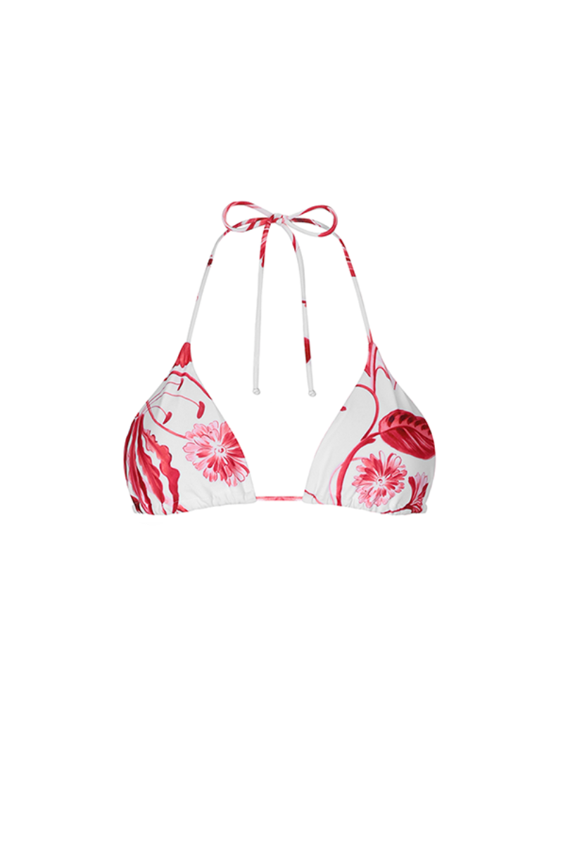 Aguaclara Rouge Triangle Bikini Top in vibrant printed fabric, featuring adjustable straps and classic triangle design.