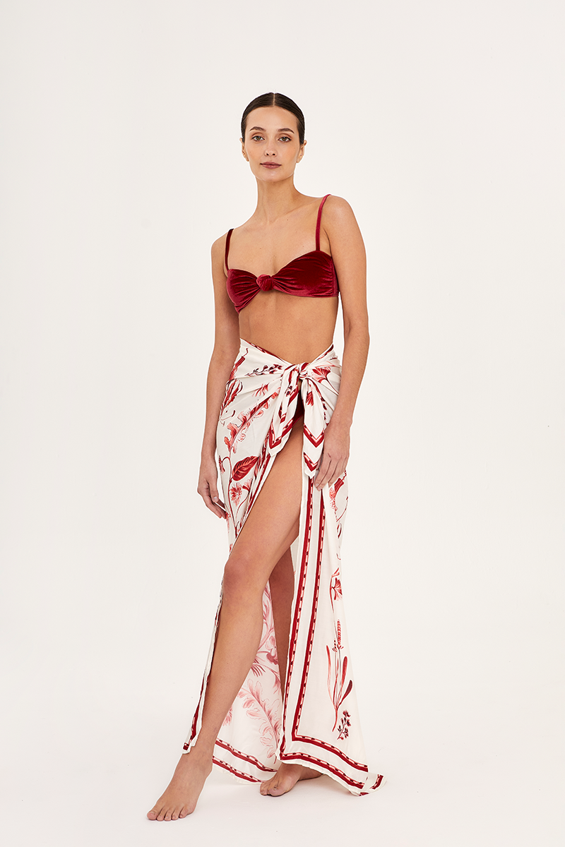 Aguaclara Rouge Pareo Sarong in vibrant printed cover-up fabric, featuring bold patterns and lightweight, flowy design.