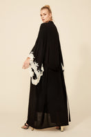 Black silk kimono with gold lace trim, long flowing robe from Bocan Couture, featuring intricate lace details and elegant design.