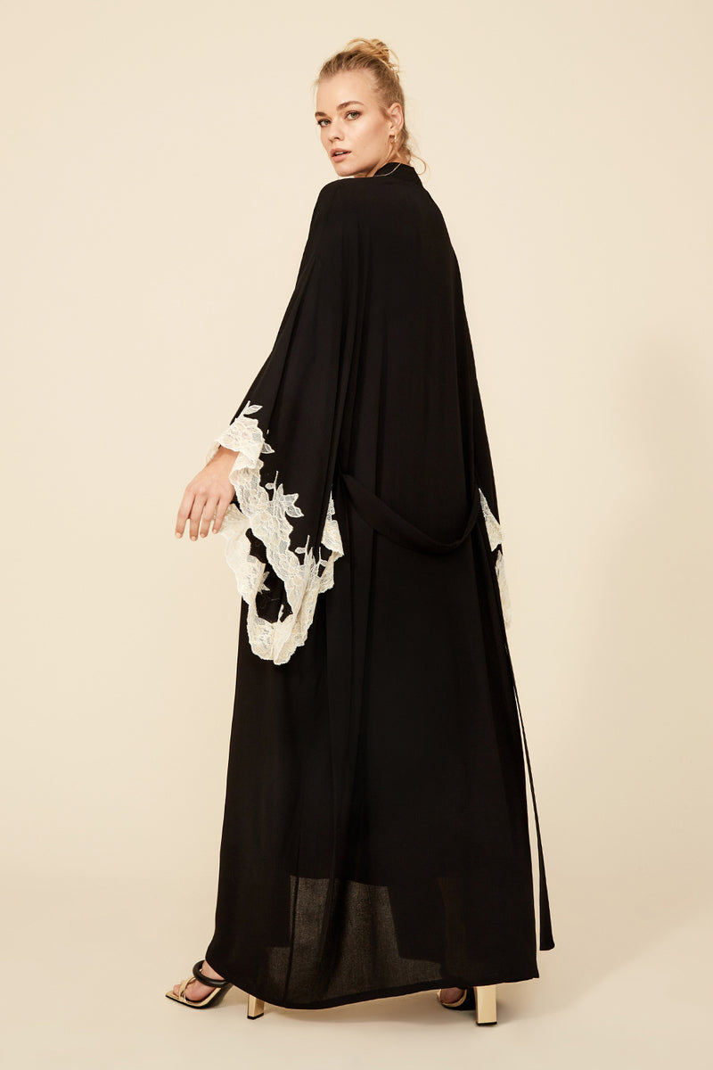 Black silk kimono with gold lace trim, long flowing robe from Bocan Couture, featuring intricate lace details and elegant design.