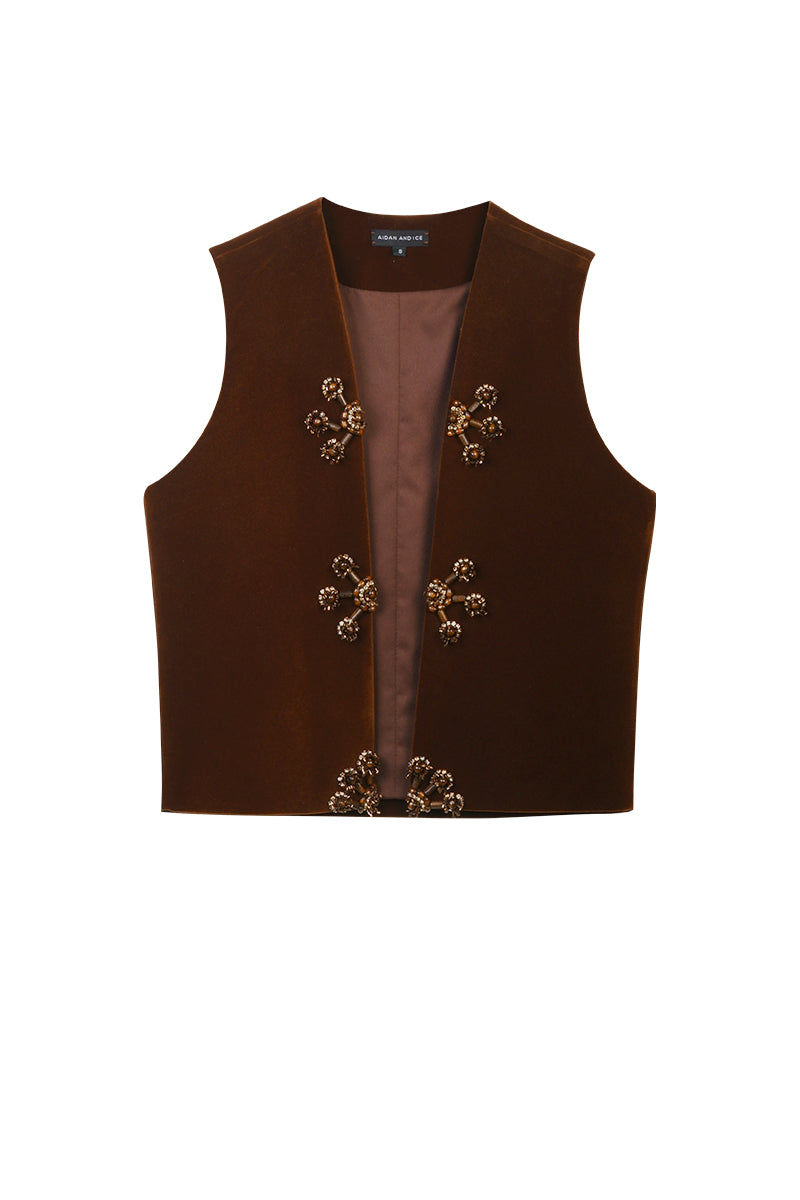 Aidan & Ice brown Isador vest, stylish sleeveless outerwear with a tailored fit, shown on a plain background.