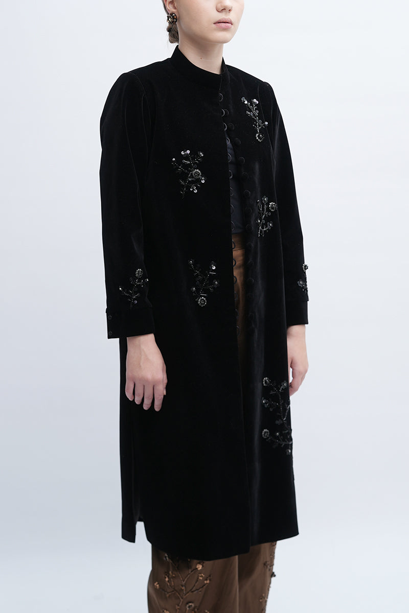 Aidan & Ice Nocturne Coat, stylish winter coat with a tailored fit, featuring a high collar and sleek design, displayed on a hanger.
