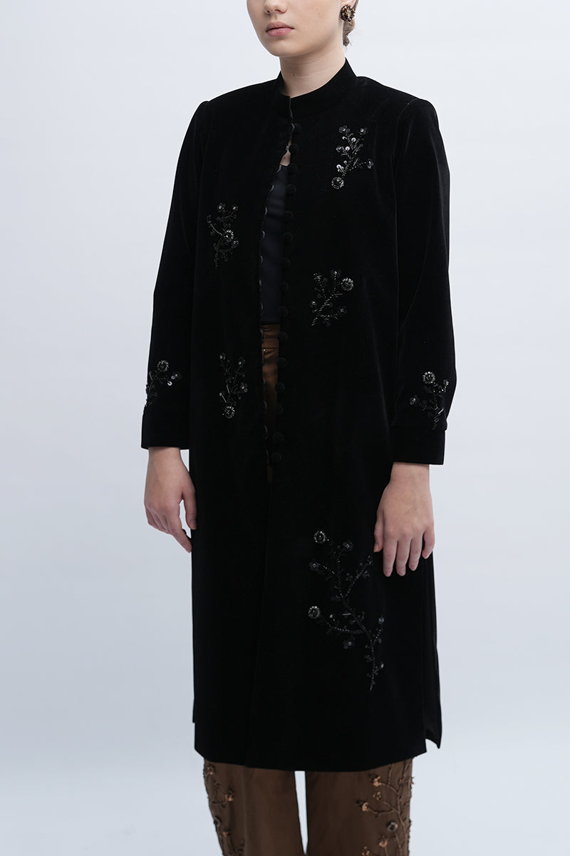Aidan & Ice Nocturne Coat in dark fabric, tailored with a sleek collar and button closure, displayed on a mannequin.