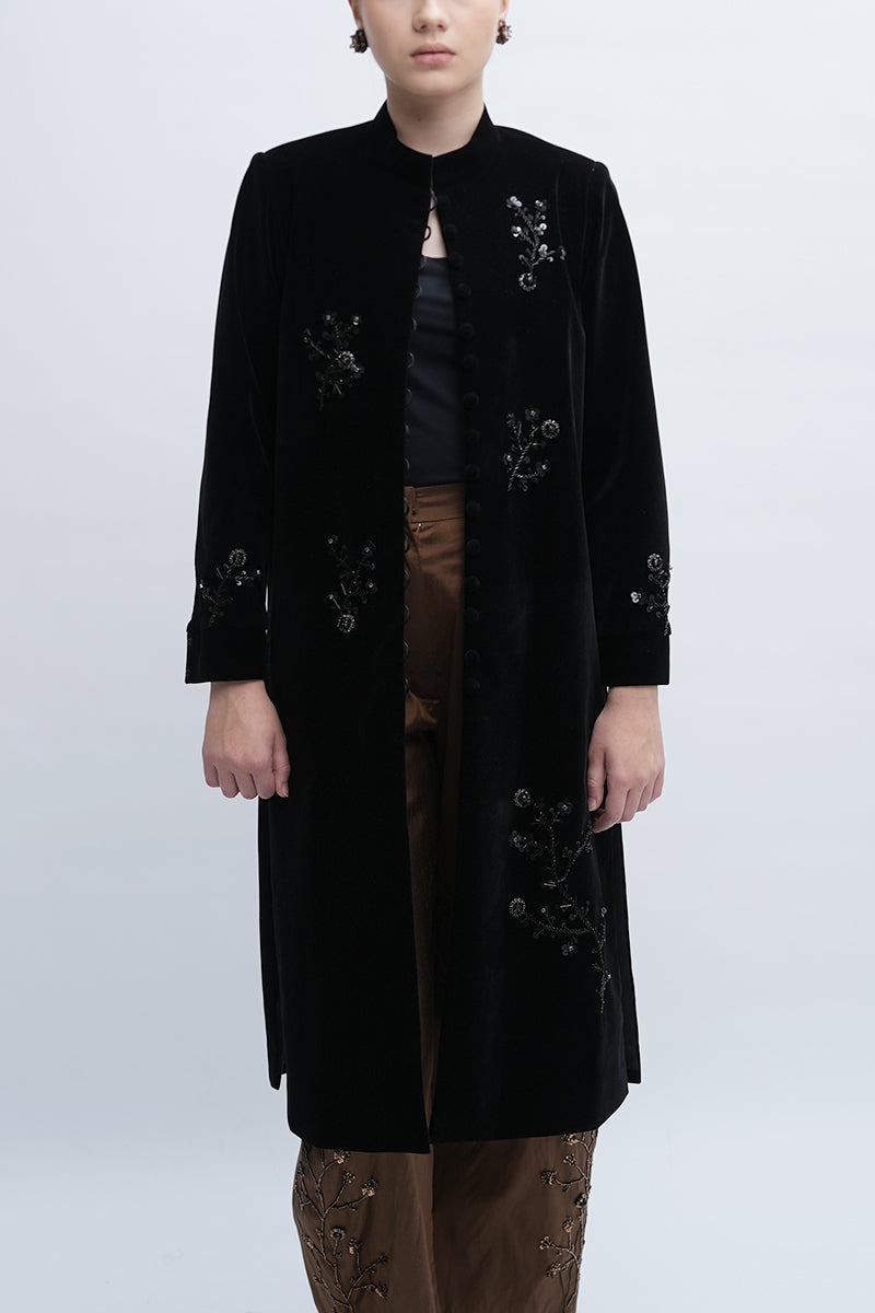 Aidan & Ice Nocturne Coat, stylish dark-colored outerwear with tailored fit, featuring a sleek collar and button details.