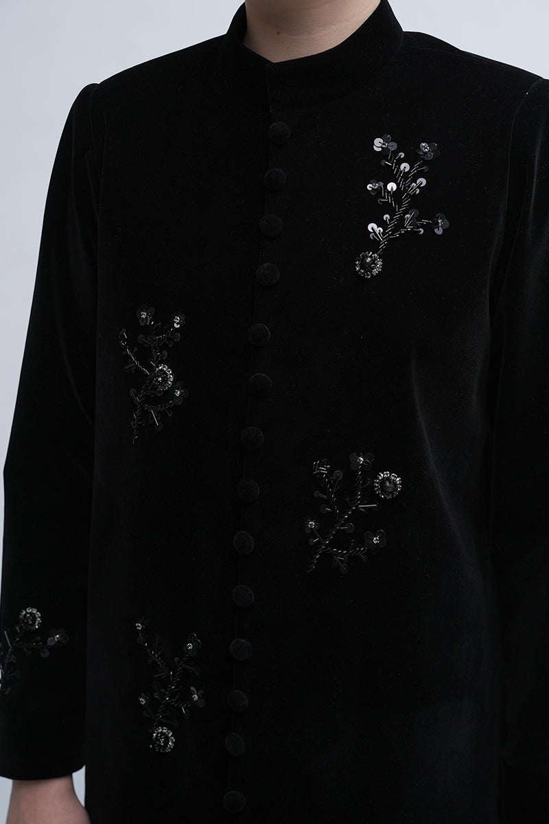 Aidan & Ice Nocturne Coat in black, stylish winter coat with tailored fit and button details, displayed on a hanger.