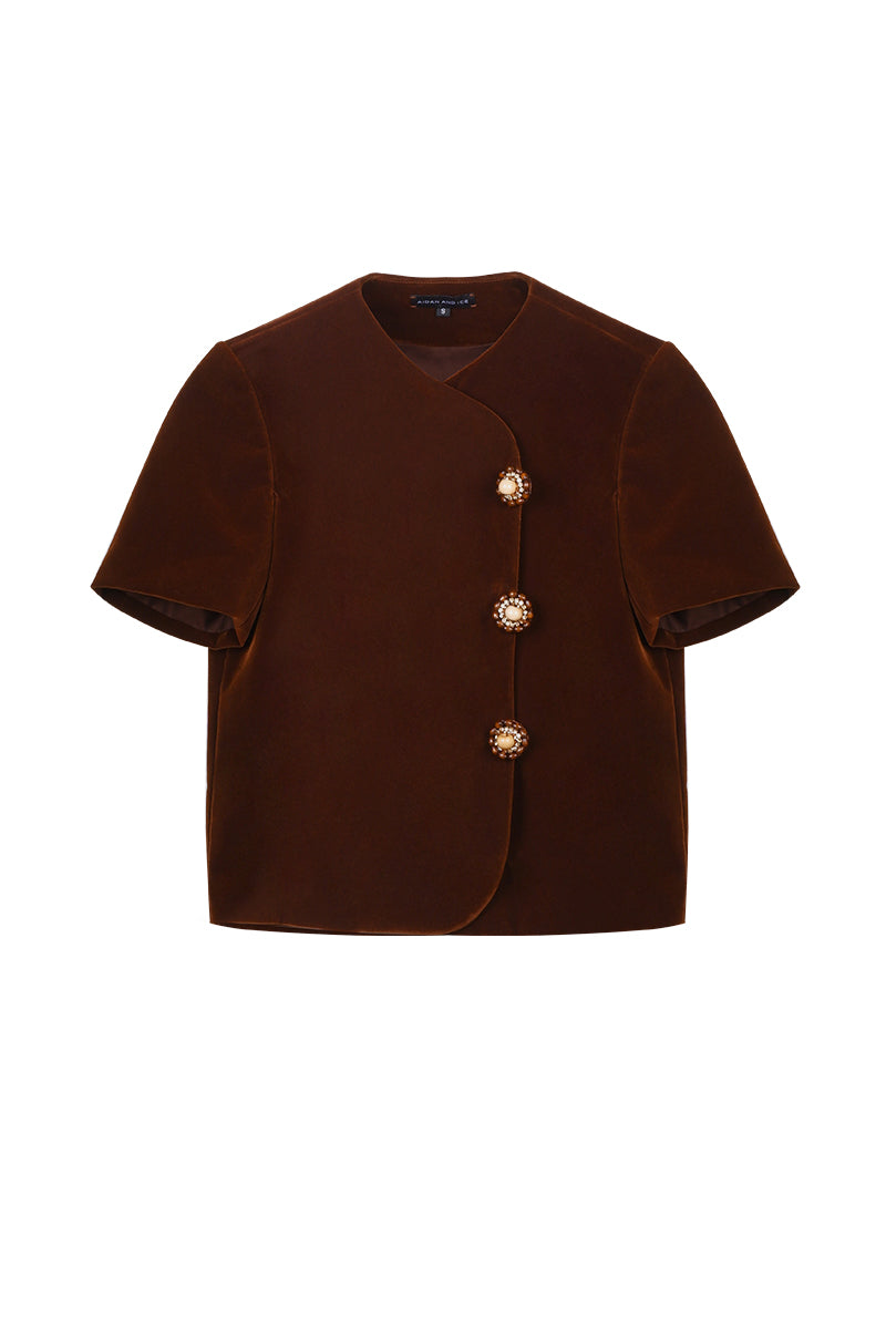 Aidan & Ice Verona top in brown, casual women's blouse with short sleeves and a relaxed fit, displayed on a hanger.