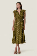 Rebecca Taylor Kinley Metallic Dot Midi Dress in olive with a fitted waist and stylish metallic dotted pattern.