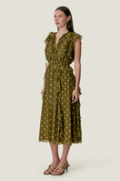 Rebecca Taylor Kinley metallic dot midi dress in olive with a fitted waist and stylish short sleeves, perfect for elegant occasions.
