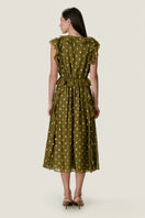 Rebecca Taylor Kinley Metallic Dot Midi Dress in olive with metallic dot pattern, stylish and elegant for special occasions.