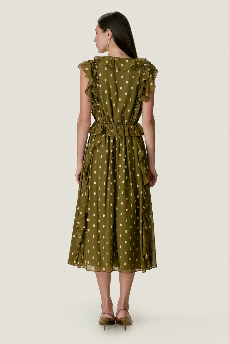 Rebecca Taylor Kinley Metallic Dot Midi Dress in olive with metallic dot pattern, stylish and elegant for special occasions.