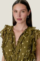 Rebecca Taylor Kinley metallic dot midi dress in olive green, featuring a stylish midi length with metallic dotted pattern.