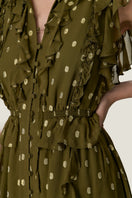 Olive green Rebecca Taylor Kinley Metallic Dot Midi Dress with shiny metallic dots and fitted silhouette.