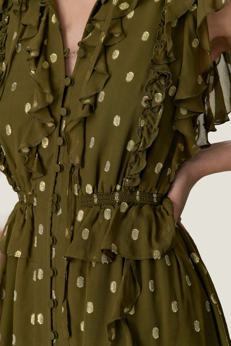 Olive green Rebecca Taylor Kinley Metallic Dot Midi Dress with shiny metallic dots and fitted silhouette.