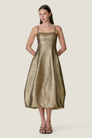 Rebecca Taylor Amelia tulip midi dress in gold fabric, featuring a fitted bodice and flowing skirt, perfect for elegant occasions.