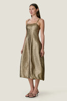 Rebecca Taylor Amelia Tulip Midi Dress in gold, featuring a flowy silhouette and elegant design, perfect for stylish occasions.