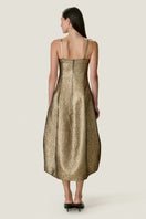 Rebecca Taylor Amelia tulip midi dress in gold fabric, showcasing a stylish dress with a fitted bodice and flowing skirt.