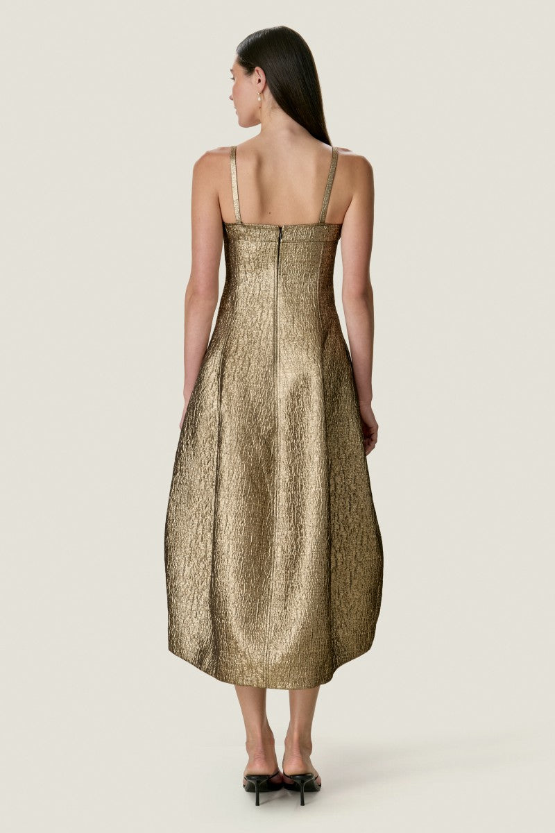 Rebecca Taylor Amelia tulip midi dress in gold fabric, showcasing a stylish dress with a fitted bodice and flowing skirt.