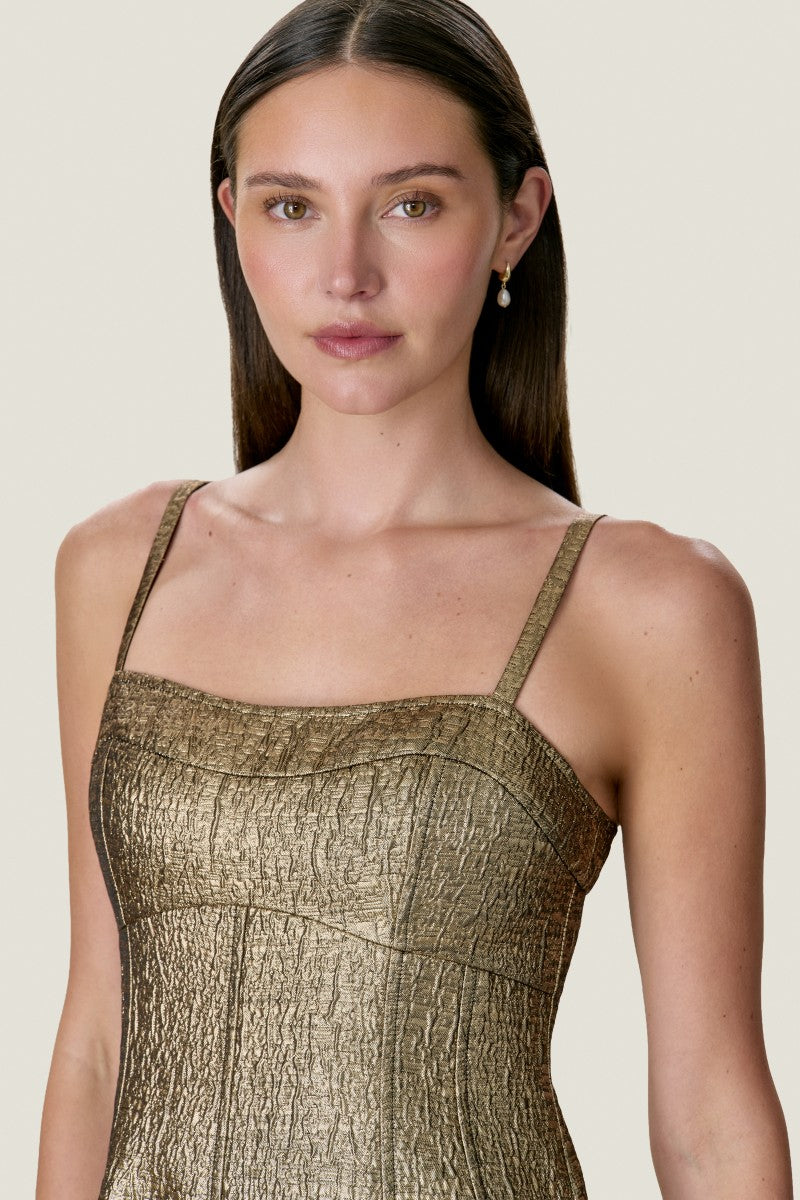 Rebecca Taylor Amelia tulip midi dress in gold fabric, featuring a stylish floral-inspired design and elegant silhouette.