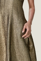 Rebecca Taylor Amelia Tulip Midi Dress in gold, elegant sleeveless design with a fitted bodice and flowing skirt.