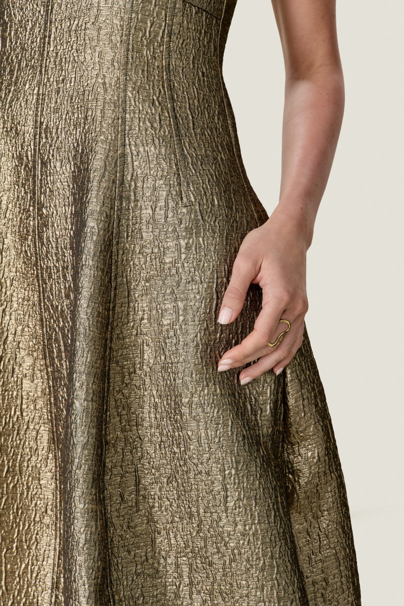 Rebecca Taylor Amelia Tulip Midi Dress in gold, elegant sleeveless design with a fitted bodice and flowing skirt.
