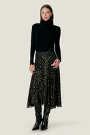 Rebecca Taylor Noha metallic dot midi skirt in black with shimmering metallic dots, flowing fabric, and a stylish midi length.