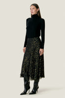 Rebecca Taylor Noha metallic dot midi skirt with a sleek black design and subtle shimmer, stylish and versatile for any occasion.