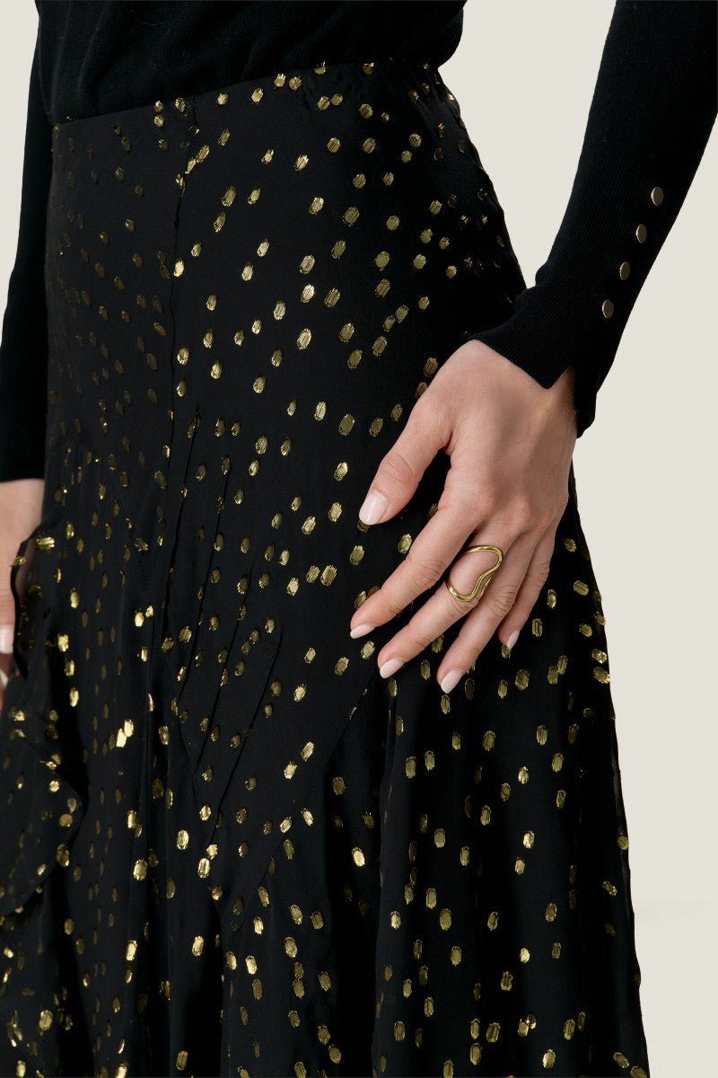 Rebecca Taylor NOHA metallic dot midi skirt with a shiny, dotted pattern perfect for stylish, elegant outfits.