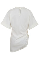 White ruched braided T-shirt by MAZ Manuela Álvarez, showcasing textured fabric and casual fit in a close-up view.
