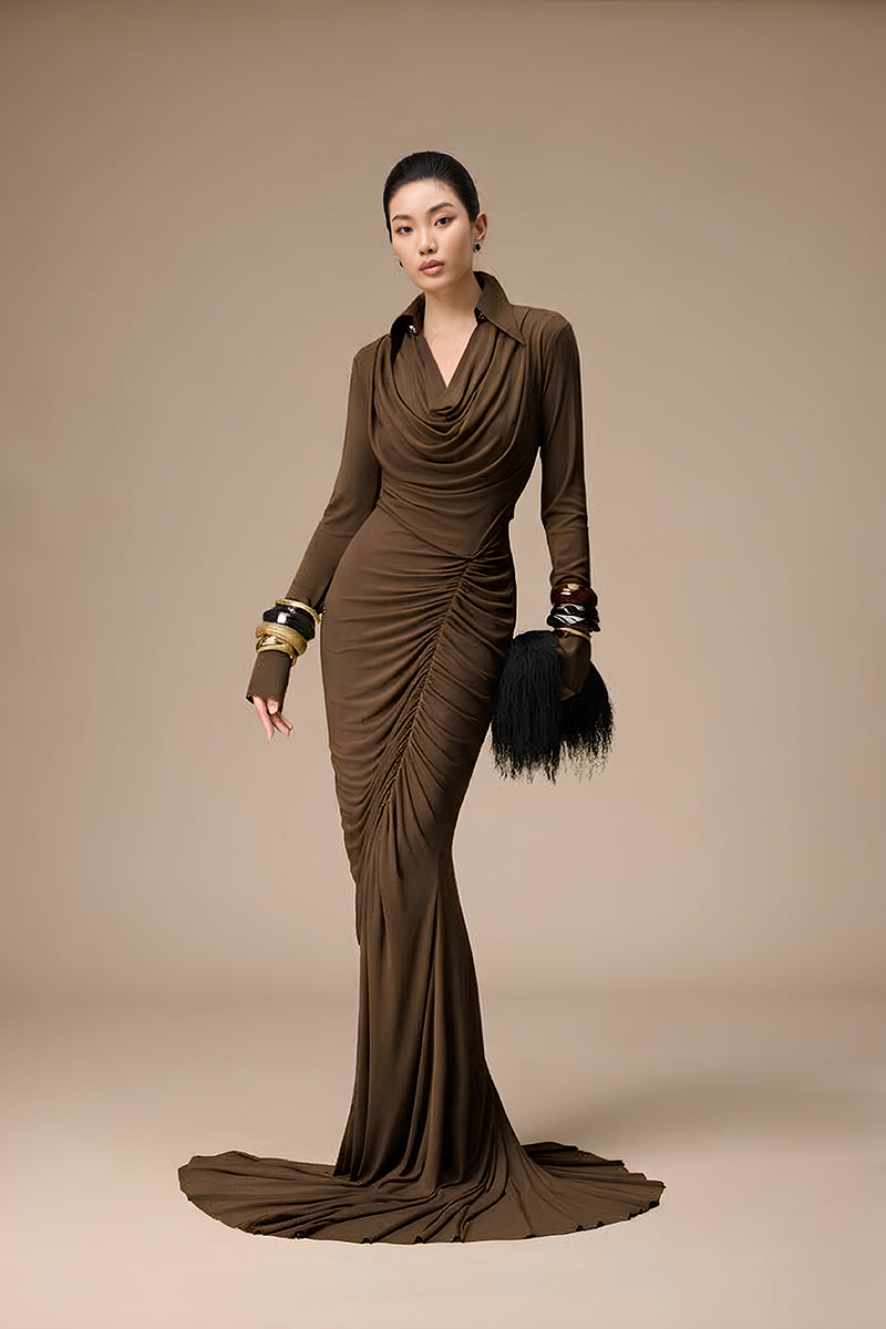 Jenny K Tran Rustique dress in umber, elegant gown with flowing fabric and stylish design, perfect for formal occasions.