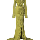 Jenny K Tran Rustique dress in peridot, elegant gown with flowing fabric and intricate design, perfect for formal occasions.