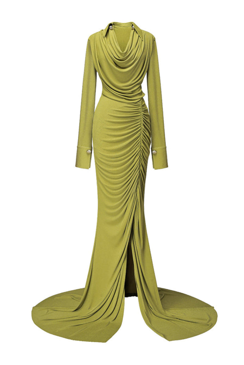 Jenny K Tran Rustique dress in peridot, elegant gown with flowing fabric and intricate design, perfect for formal occasions.