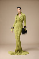 Jenny K Tran Rustique dress in peridot, elegant gown with flowing fabric and detailed design, suitable for formal occasions.