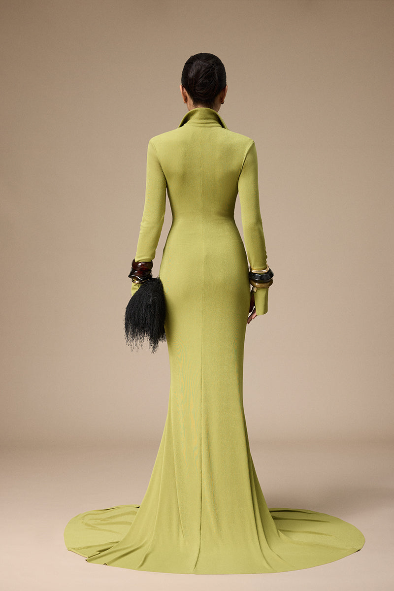 Jenny K Tran Rustique dress in peridot gown featuring flowing fabric and elegant design for formal occasions.