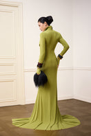 Jenny K Tran Rustique Dress in Peridot, elegant gown with flowing fabric and intricate details, perfect for formal occasions.
