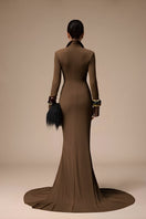 Jenny K Tran Rustique gown in Umber, featuring elegant draping and a flowing silhouette, ideal for formal occasions.