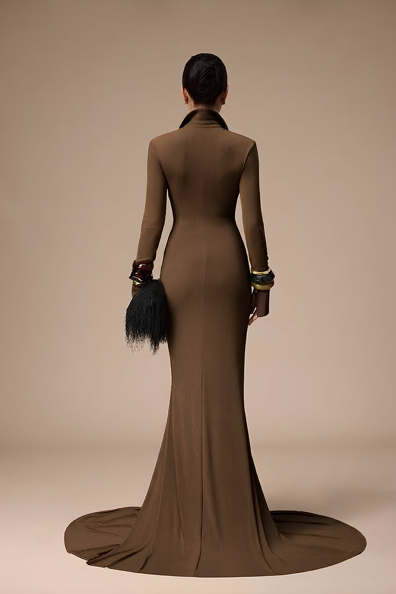 Jenny K Tran Rustique gown in Umber, featuring elegant draping and a flowing silhouette, ideal for formal occasions.