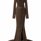 Jenny K Tran Rustique dress in Umber, elegant gown featuring flowing fabric and sophisticated design, perfect for formal occasions.