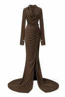 Jenny K Tran Rustique dress in Umber, elegant gown featuring flowing fabric and sophisticated design, perfect for formal occasions.