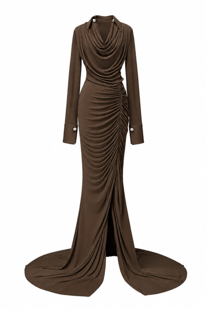 Jenny K Tran Rustique dress in Umber, elegant gown featuring flowing fabric and sophisticated design, perfect for formal occasions.
