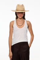 Beige raffia fedora hat by LE SH KA featuring a wide brim and stylish design, perfect for summer accessories.