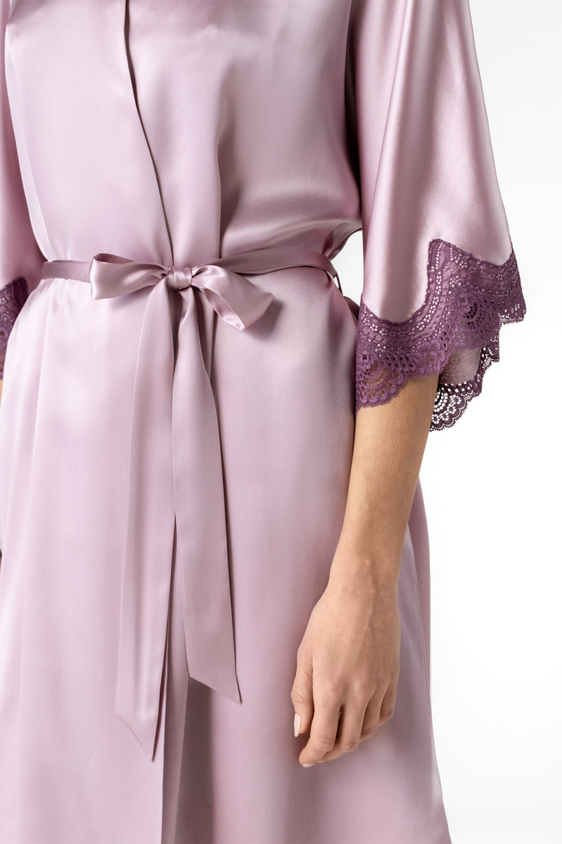 NK IMODE Raquel feminine midi silk kimono in mauve with intricate lace details, showcasing elegant loungewear style.
