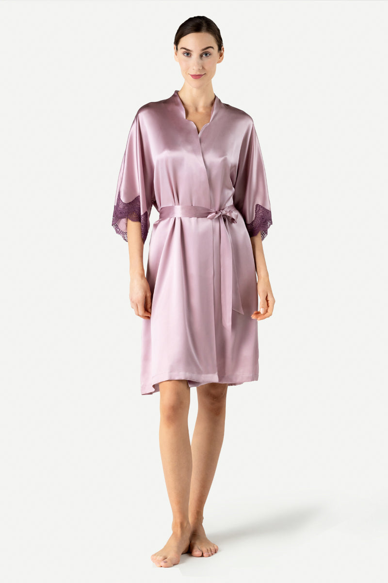 Front view of NK IMODE Raquel feminine silk kimono in mauve, midi-length lounge robe with elegant design and smooth fabric.