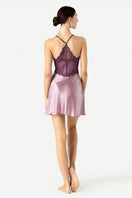Back view of NK Imode Raquel feminine mauve silk chemise nightgown with a flowing, elegant design and adjustable straps.